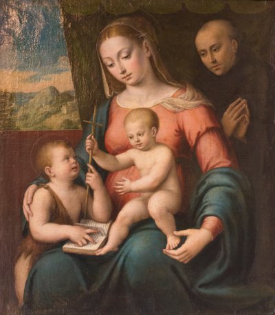 Jungfru med barn, den unge St. John och en St. Nicholas of Tolentino (olja på duk) av Luca Longhi