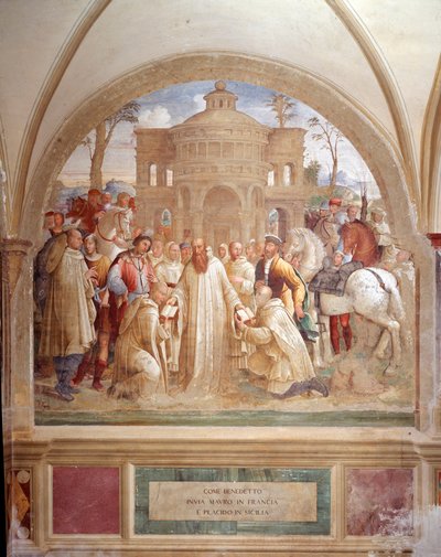 Benedictus skickar Maurus i Frankrike och Placid på Sicilien (Benedict skickar Maurus i Frankrike och Placid på Sicilien) Fresk av klostret gjord av Luca Signorelli som berättar om livet för Saint Benedict of Nursie (480 - 567) grundare av Benediktinerorde av Luca Signorelli