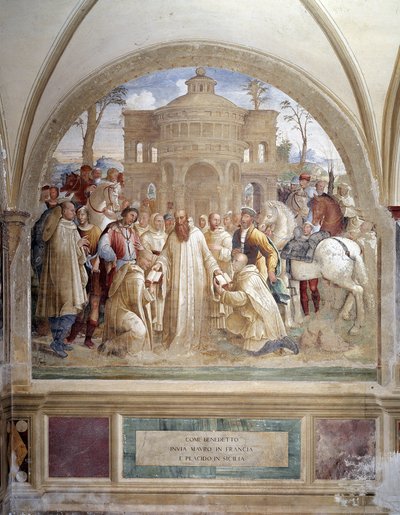 Benedictus skickar Maurus i Frankrike och Placid på Sicilien (Benedict skickar Maurus i Frankrike och Placid på Sicilien) Fresk av klostret gjord av Luca Signorelli som berättar om livet för Saint Benedict of Nursie (480 - 567) grundare av Benediktinerorde av Luca Signorelli