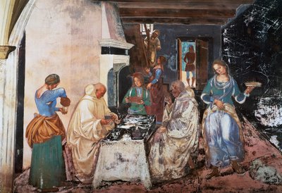 Benedictus berättar för munkarna var och när de åt medan de var utanför klostret, scen från berättelserna om St. Benedictus av Luca Signorelli