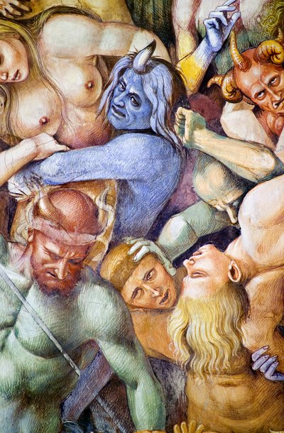 Damned in hell, detalj med självporträtt av Luca Signorelli i skepnad av en blå demon, från Last Judgment freskcykel av Luca Signorelli