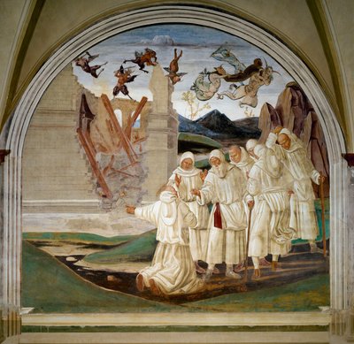 Life of Saint Benedict: "" How God Punishes Florent"" En munk berättar för helgonet att Florent (Fiorenzo) dog begravd under dekompressionen av hans hus nedskjuten av demonerna. Fresk av Luca Signorelli (ca 1445-1523) av Luca Signorelli