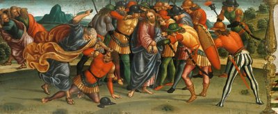 Kristi tillfångatagande. Lamentation over the Dead Christ, Predella panel, 1502. av Luca Signorelli