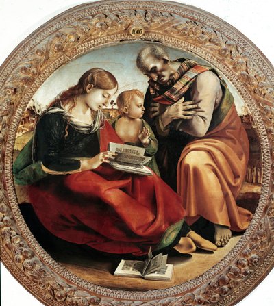 Den heliga familjen. Målning av Luca Signorelli (1450-1523), cirka 1495. Tondo. Olja på duk. Diameter: 124 cm. Florens, Uffizierna (Florens, Uffizimuseet) av Luca Signorelli