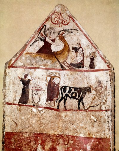 En tjur leder på altaret av offret Lucanian fresk från 400-talet f.Kr., från nekropolen Andriuolo i Paestum, Italien. Museo nazionale archeologico, Paestum av Lucanian School