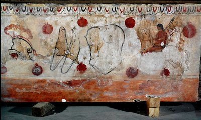 En ryttare och de olika elementen i hans rustning Lucanian fresk från 300-talet f.Kr., från nekropolen i Paestum, Italien. Museo nazionale archeologico, Paestum av Lucanian School