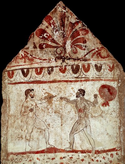 Två idrottare som spelar pugilat (boxning) Lucanian fresk från 300-talet f.Kr., från nekropolen i Paestum, Italien. Museo nazionale archeologico, Paestum av Lucanian School