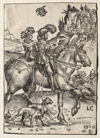 En gentleman och en dam som rider på jakt av Lucas Cranach