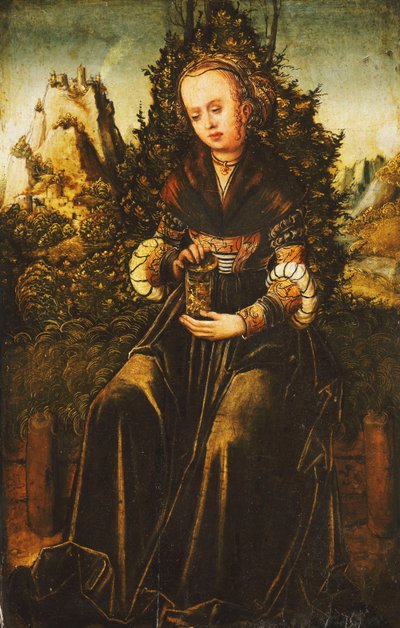 Sankta Maria Magdalena sitter på en gräskant i ett bergigt landskap, av Lucas Cranach