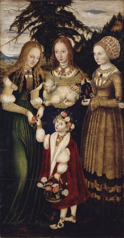 Altartavla med Saint Catharines martyrskap, vänster flygel: De heliga Dorothea, Agnes och Cunigund av Lucas Cranach the Elder