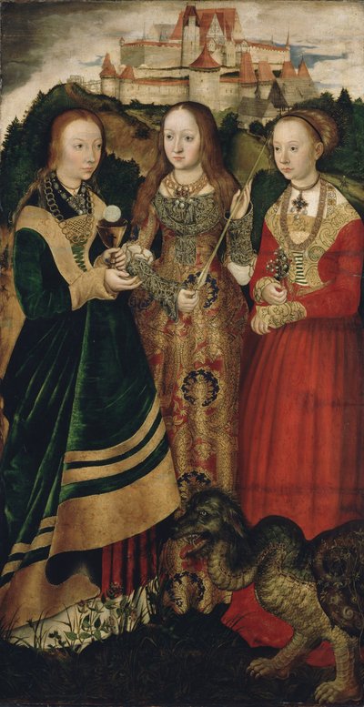 Altartavla med Sankta Catharinas martyrskap, högra flygeln: Sankta Barbara, Ursula och Margareta av Lucas Cranach the Elder