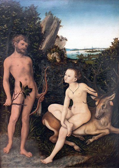 Tyska: Landschaft mit Apoll und Diana Apollo och Diana i trädbevuxet landskap av Lucas Cranach the Elder