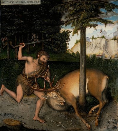 Hercules och Kerynite Doe. Från serien av Herkules gärningar. Efter 1537 av Lucas Cranach the Elder