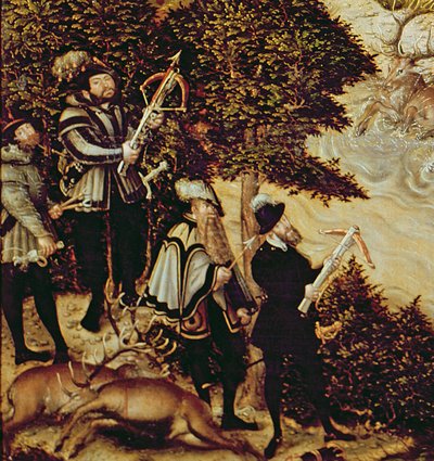Johann Friedrich den storsint, kurfurst av Sachsen och kejsar Karl V jagar rådjur nära Hartenfels slott, Torgau, 1544 (uppgift om 38682) av Lucas Cranach the Elder