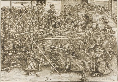Den tredje turneringen, med riddare som bryter lansar av Lucas Cranach the Elder