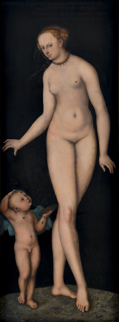 Venus med Amor som honungstjuv framför en svart bakgrund av Lucas Cranach the Elder