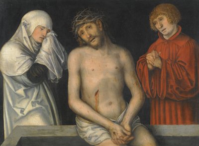 Tyska: Der Schmerzensmann zwischen Maria und Johannes Smärtornas man flankerad av Jungfru Maria och Johannes av Lucas Cranach the Younger