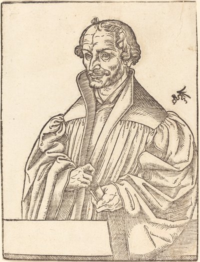 Philip Melanchton, Halvlängd till vänster, står bakom ett bröst av Lucas Cranach the Younger