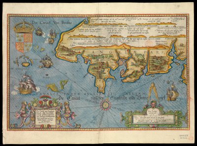 "Karta över Englands kust med havet dekorerat med fartyg och monster av Lucas Janszoon Waghenaer