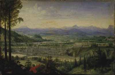 Utsikt över Linz med konstnärsteckning i förgrunden, 1593. av Lucas Valckenborch van