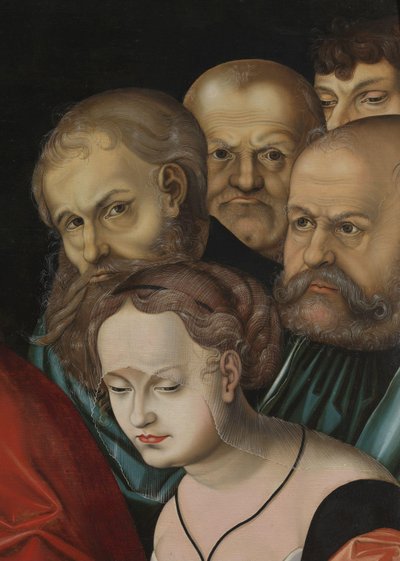 Kristus och kvinnan tagen i äktenskapsbrott, detalj, ca 1700 (olja på trä) av Lucas the Elder (after) Cranach
