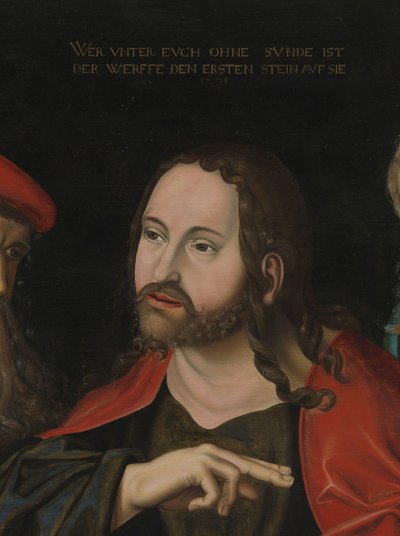 Kristus och kvinnan tagen i äktenskapsbrott, detalj, ca 1700 (olja på trä) av Lucas the Elder (after) Cranach