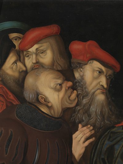 Kristus och kvinnan tagen i äktenskapsbrott, detalj, ca 1700 (olja på trä) av Lucas the Elder (after) Cranach