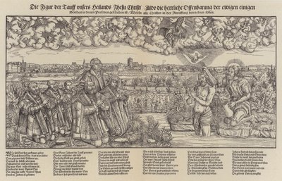 Fredrik III, kurfurst av Sachsen och Martin Luther bevittnar Kristi dop (gravyr;) av Lucas the Elder (after) Cranach