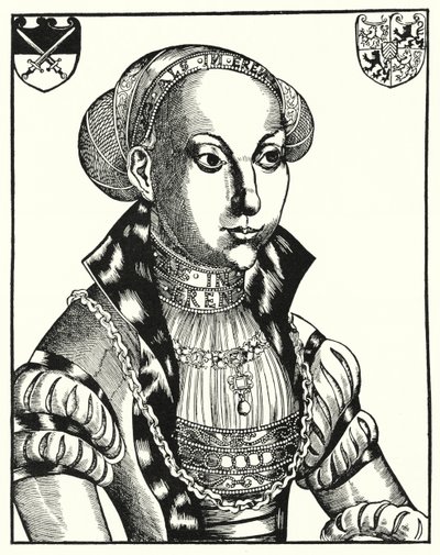 Sybille of Cleves, gemål till John Frederick I, kurfurst av Sachsen (gravyr) av Lucas the Elder (after) Cranach