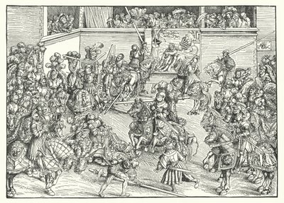 Turneringen med Simsons och lejonets gobeläng (gravyr) av Lucas the Elder (after) Cranach