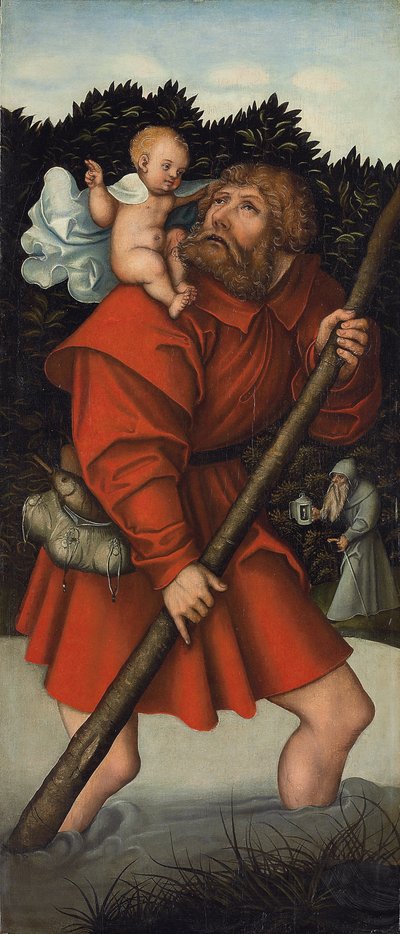 Sankt Christopher som bär Kristusbarnet; och ärkeängeln Mikael som håller i rättvisans våg (olja på panel) av Lucas the Elder (workshop of) Cranach