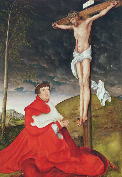 Albert, kardinalkurfursten av Mainz vid foten av korset (olja på panel) av Lucas the Elder Cranach