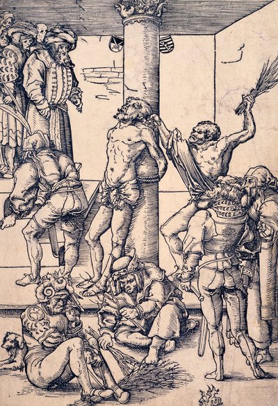 Passion of Christ: the scourging, av Lucas Cranach den äldre (1472-1553), träsnitt av Lucas the Elder Cranach