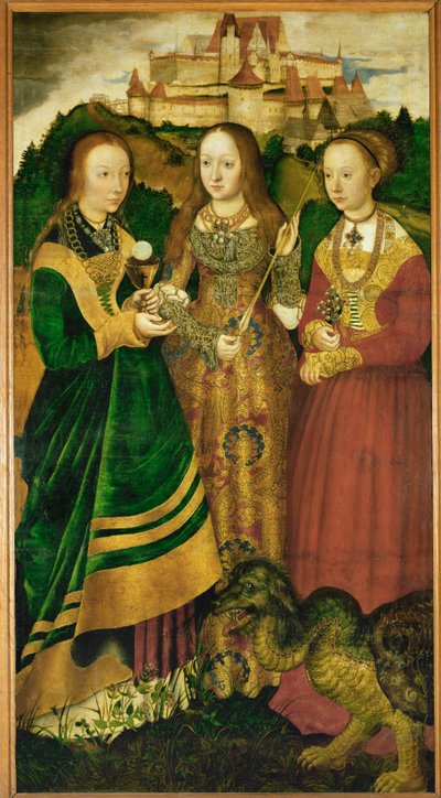 Sankta Barbara, Sankta Ursula och Sankta Margareta, detalj av Sankta Katarinas altare av Lucas the Elder Cranach