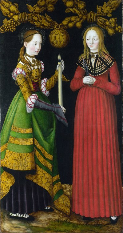 Saint Genevieve och Saint Apolline (eller Apollonia) (Saint Genevieve och Apollonia). Saint Genevieve (423-502 eller 512), beskyddare av staden Paris. Saint Apollonia (eller Apollonia) av Alexandria (död 249), martyr och tandläkarbeskyddare. Målning av av Lucas the Elder Cranach