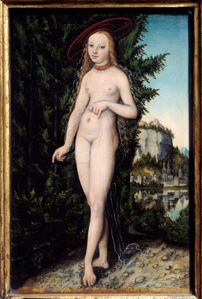 Venus står i en landskapsmålning av Lucas Cranach den äldre (1472-1553) 1529, Olja på trä, Dim. 0,38x0,25 m - Venus står i ett landskap. Målning av Lucas Cranach den äldre (1472-1553) av Lucas the Elder Cranach