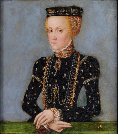 Porträtt av Anna Jagiellon (1523-1596), drottning av Polen, ca 1565 (olja på tennplåt) av Lucas the Younger Cranach