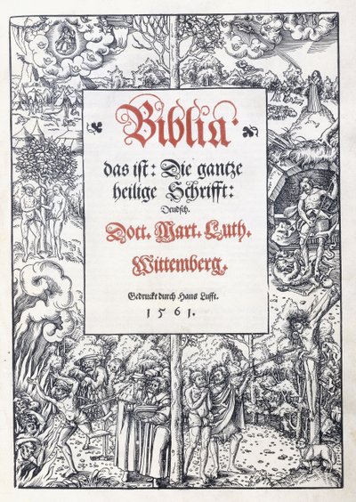 Titelsida, med en fin bildkant från "Biblia, das ist: Hela den heliga skriften: tyska", översatt av Martin Luther, 1560-1561 av Lucas the Younger Cranach