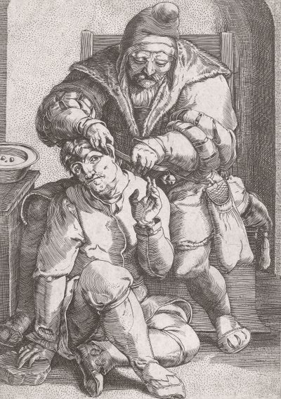 Frisörkirurg från 1600-talet som sköter en patients öra. av Lucas van (after) Leyden