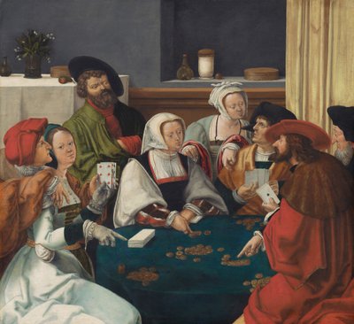Kortspelarna, troligen ca 1550-99 (olja på duk) av Lucas van (after) Leyden