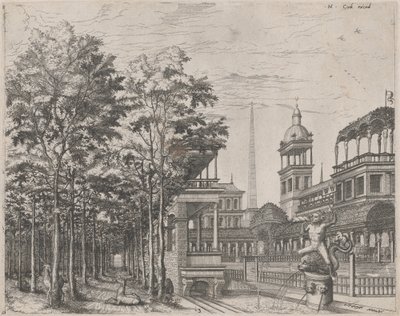 Landskap med träd, två rådjur och en palatsgård av Lucas van Doetechum and Johannes