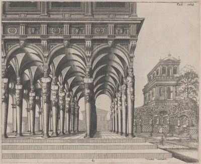 Loggia med Satyrvillkor och en trädgård av Lucas van Doetechum and Johannes