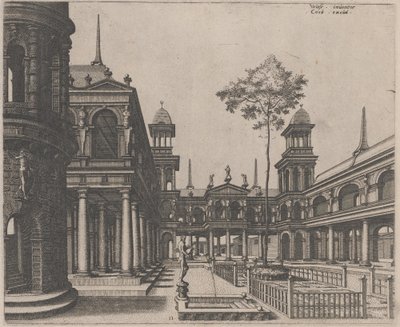 Torg med en cirkulär byggnad till vänster och en obelisk i bakgrunden av Lucas van Doetechum and Johannes