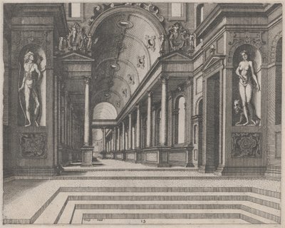Utsikt i en kyrka med korintiska kolonner och statyer av Apollo, Melpomene och Moses av Lucas van Doetechum and Johannes