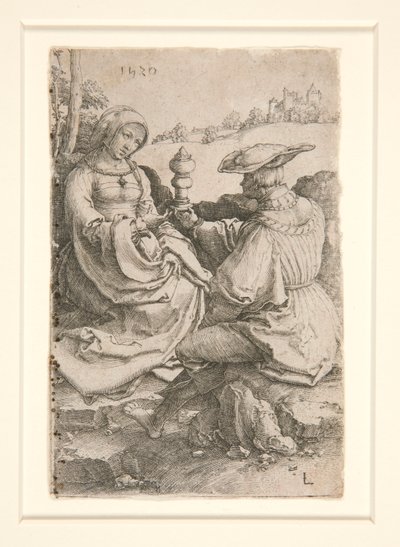 En adelsman och en dam som sitter i ett landskap av Lucas van Leyden