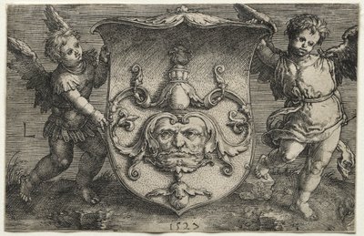 En sköld som bär en mask som stöds av två Genii av Lucas van Leyden