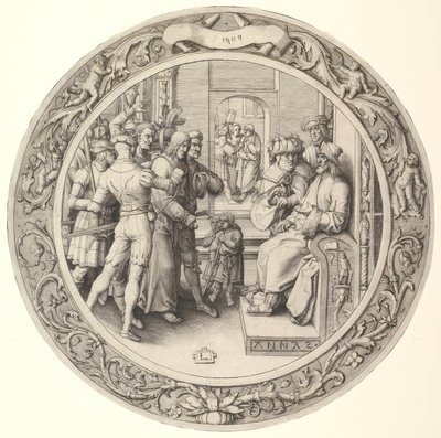 Kristus före Annas, från Circular Passion, 1509. av Lucas van Leyden