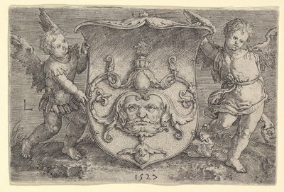 Vapensköld med mask, innehas av två genier, 1527. av Lucas van Leyden