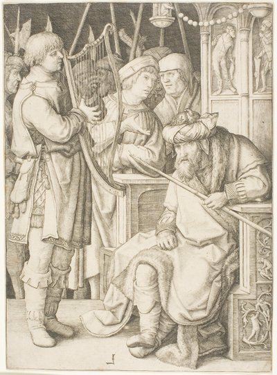 David spelar harpan före Saul av Lucas van Leyden