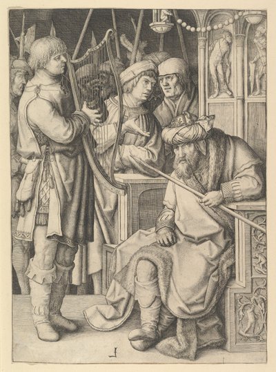 David spelar harpa inför Saul av Lucas van Leyden
